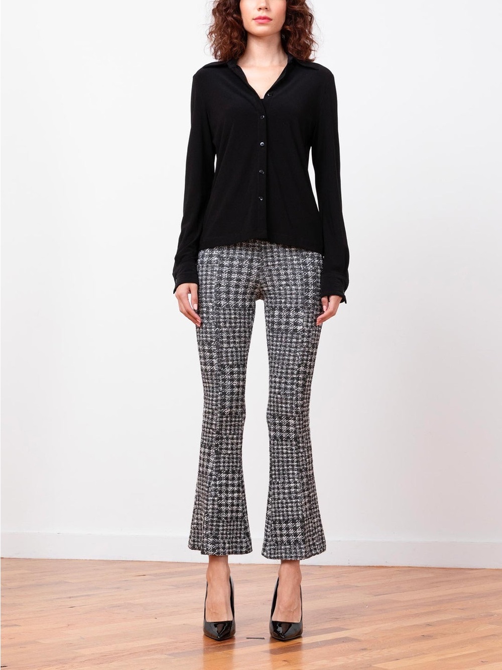 Avenue Montaigne Leo Boucle Check Cropped Flare Pants Stretch Pull-On Plaid